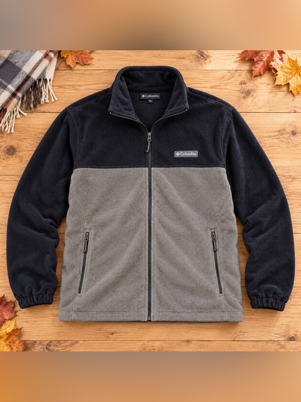 Columbia Mens XL Gray Navy Colorblock Full Zip Fleece Jacket